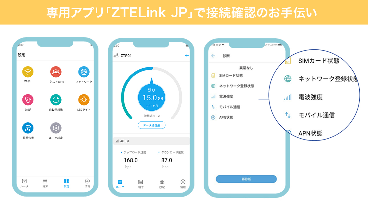 専用アプリ「ZTELink JP」で接続確認のお手伝い